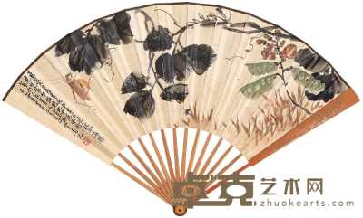 王雪涛 1929年作 豆荚草虫 成扇 18×49cm